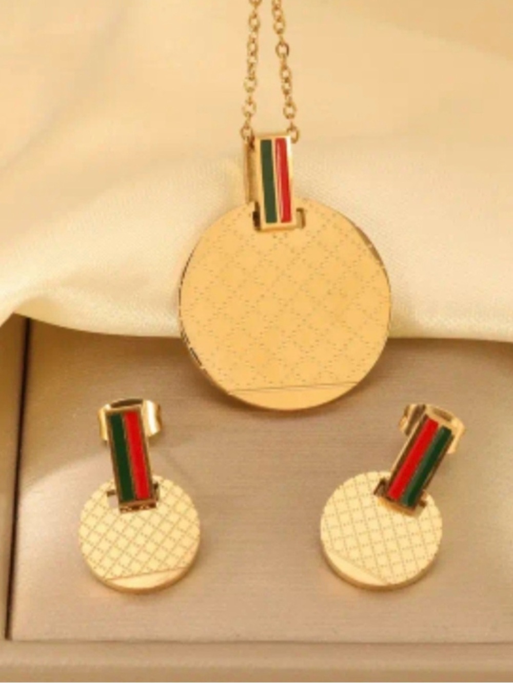 Gold-Tone Medallion Necklace & Earring Set with Red and Green Stripes - Picture 3 of 3